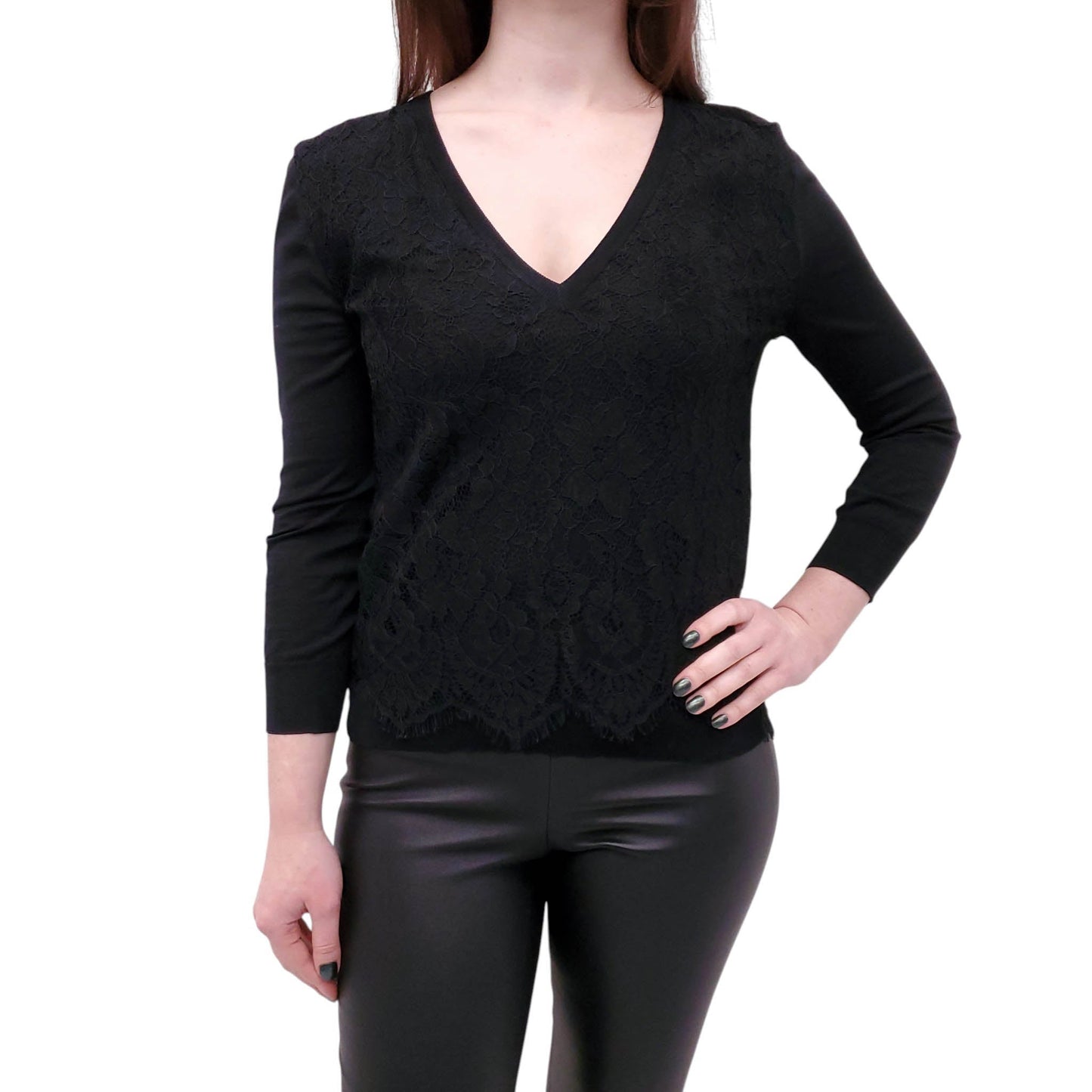 DOLCE & GABBANA BLACK LACE V-NECK SWEATER - SIZE 38