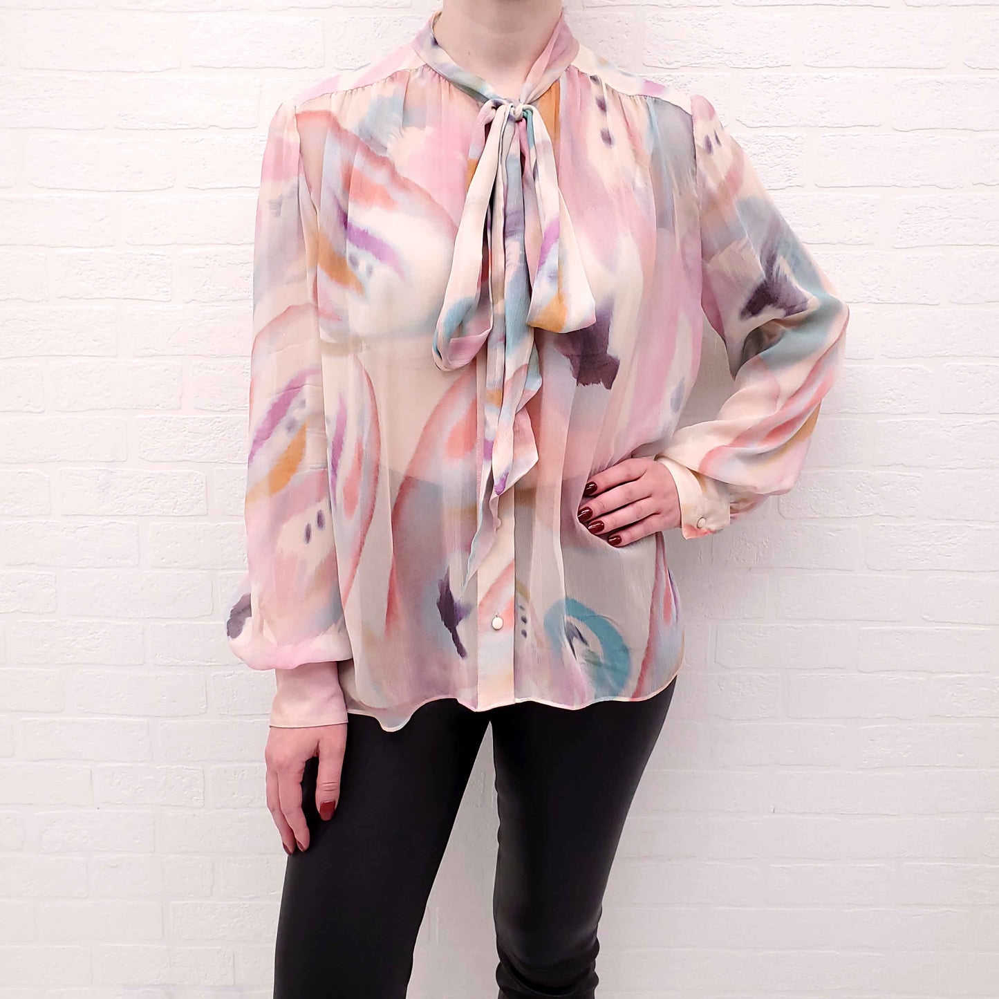 ETRO CREAM AND PASTEL SHEER BLOUSE WITH NECKTIE - SIZE 44