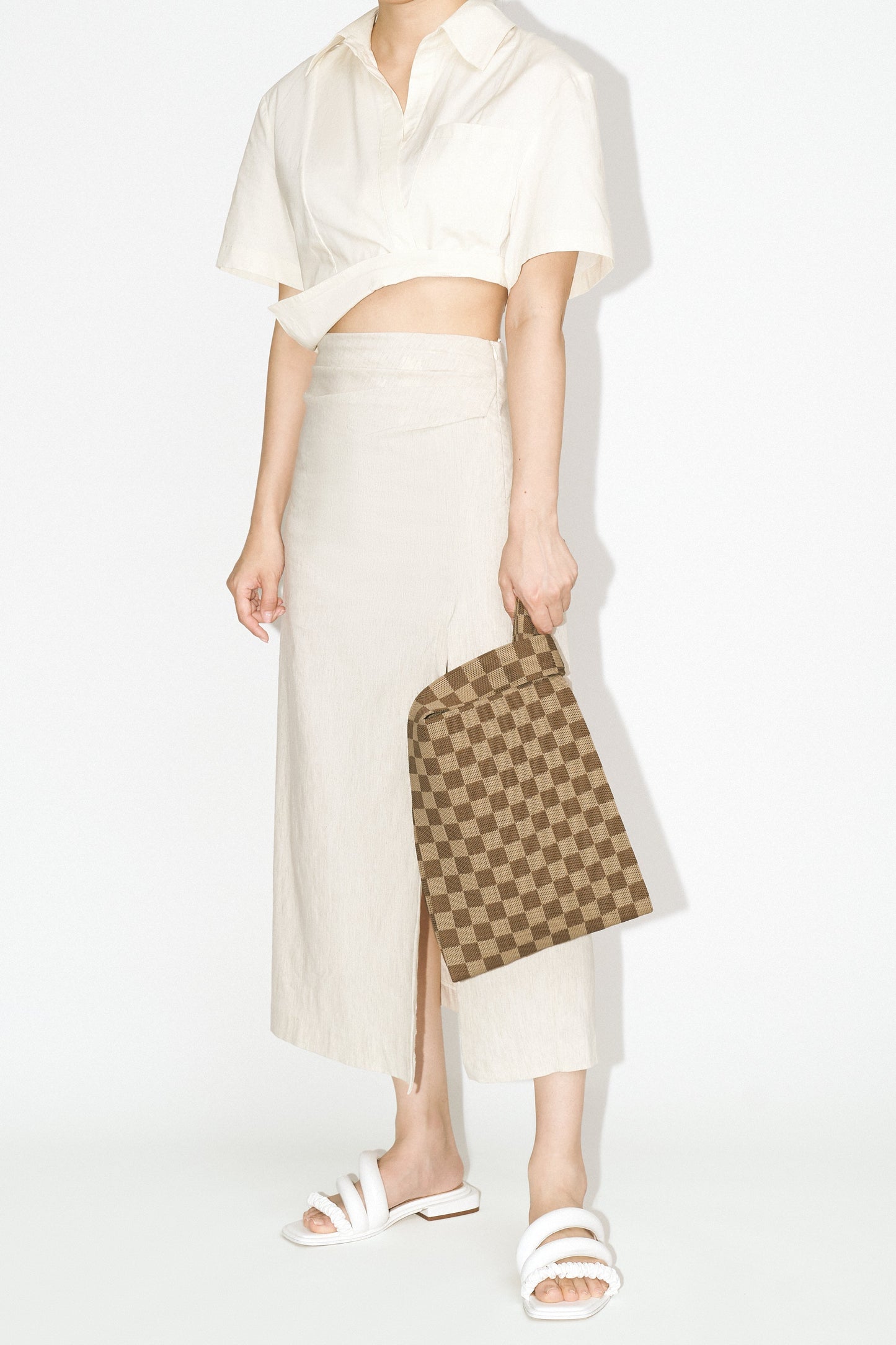 Shea Checkerboard Knitted Tote Bag - Brown