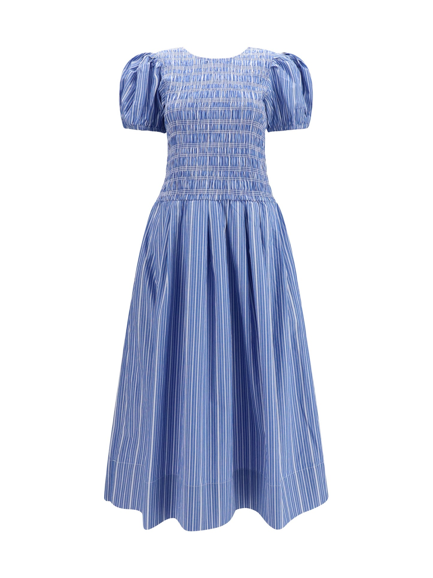 Ganni Women Striped Cotton Dress With Puff Sleeves