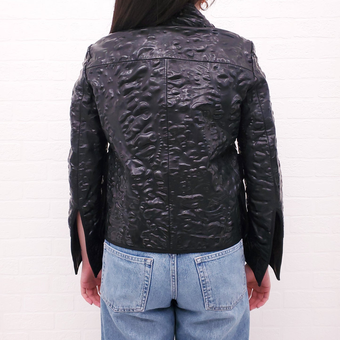 FENDI BLACK MOLDED LEATHER MOTORCYCLE JACKET - SIZE 40
