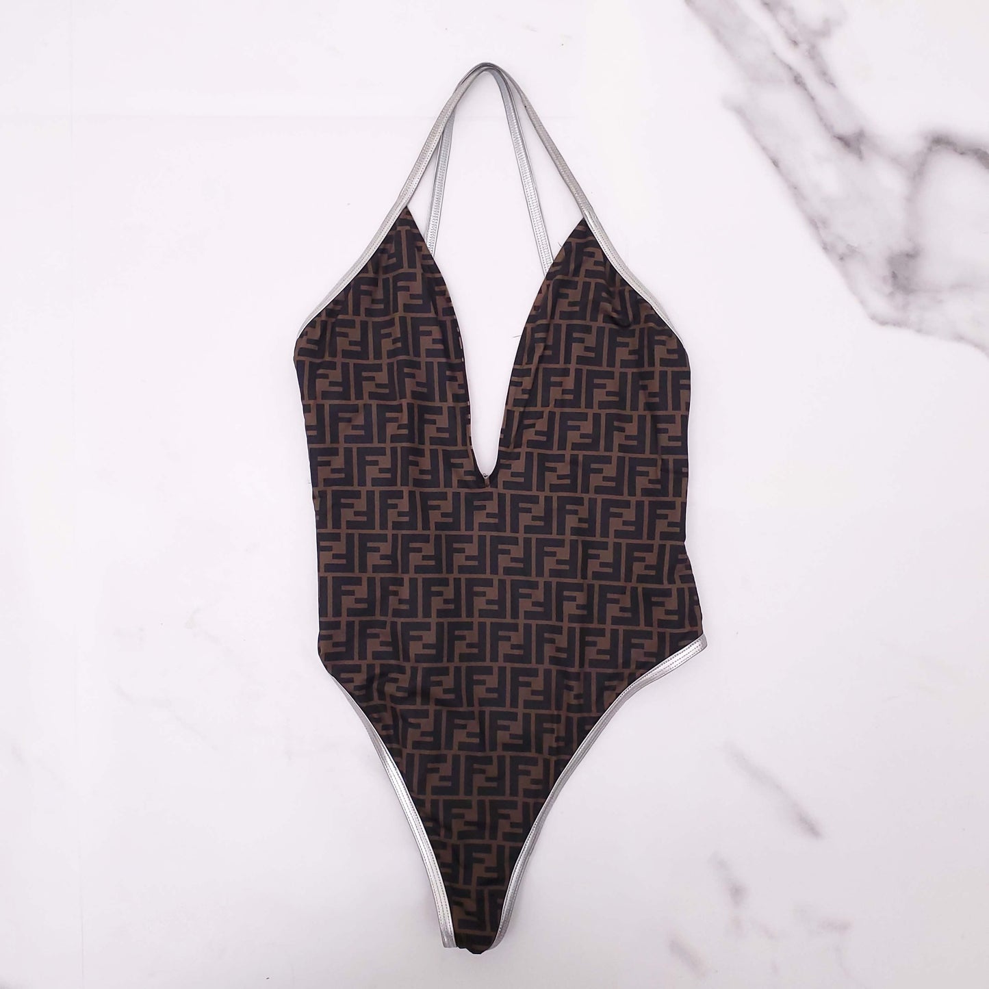 FENDI LOGO SWIMSUIT WITH SILVER DETAILS - SIZE 46
