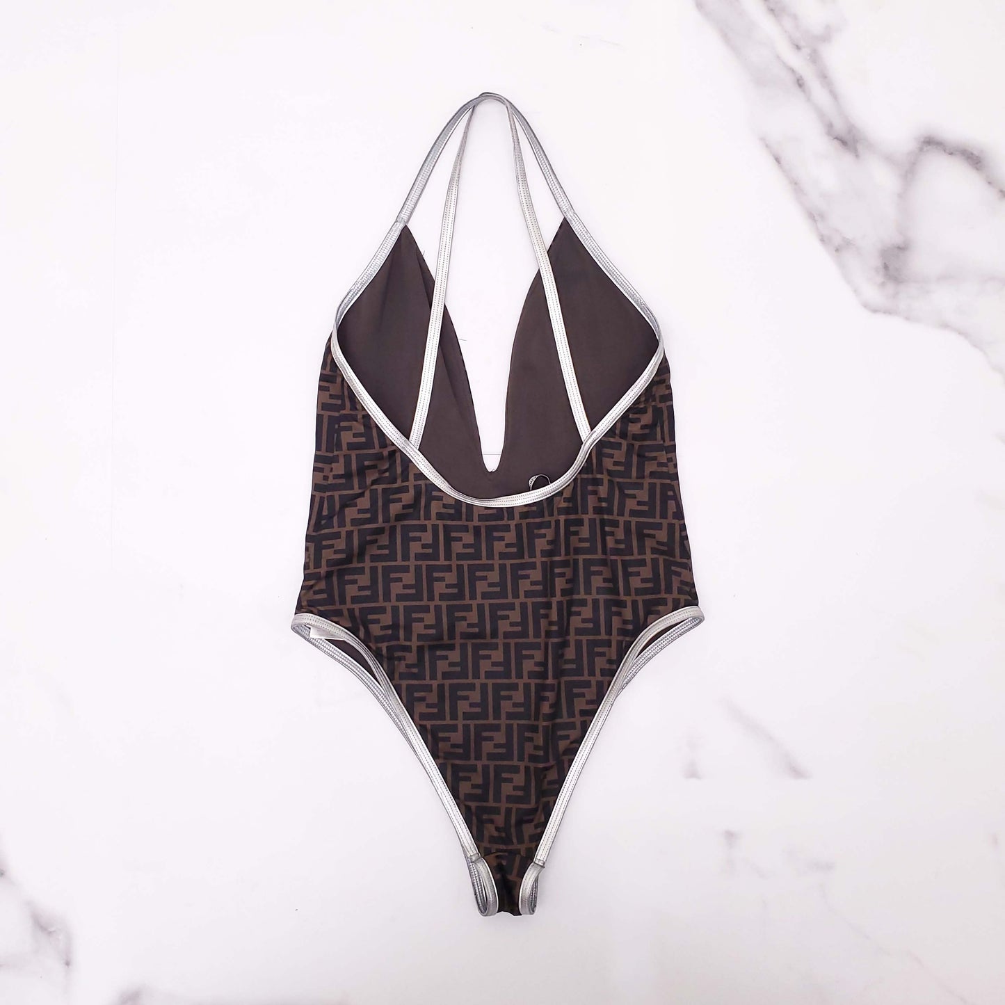 FENDI LOGO SWIMSUIT WITH SILVER DETAILS - SIZE 46