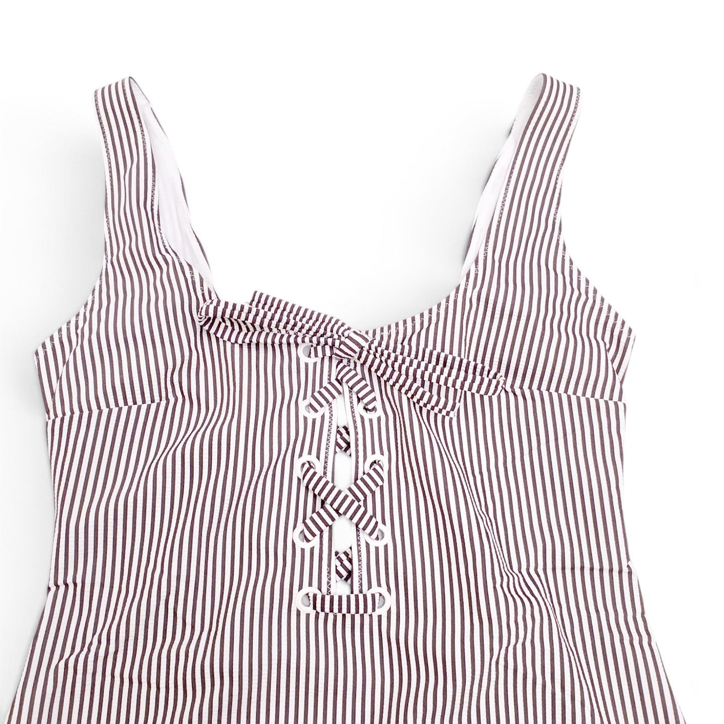 GANNI BROWN AND WHITE STRIPED ONE-PIECE SWIMSUIT WITH TIE DETAIL - SIZE 36
