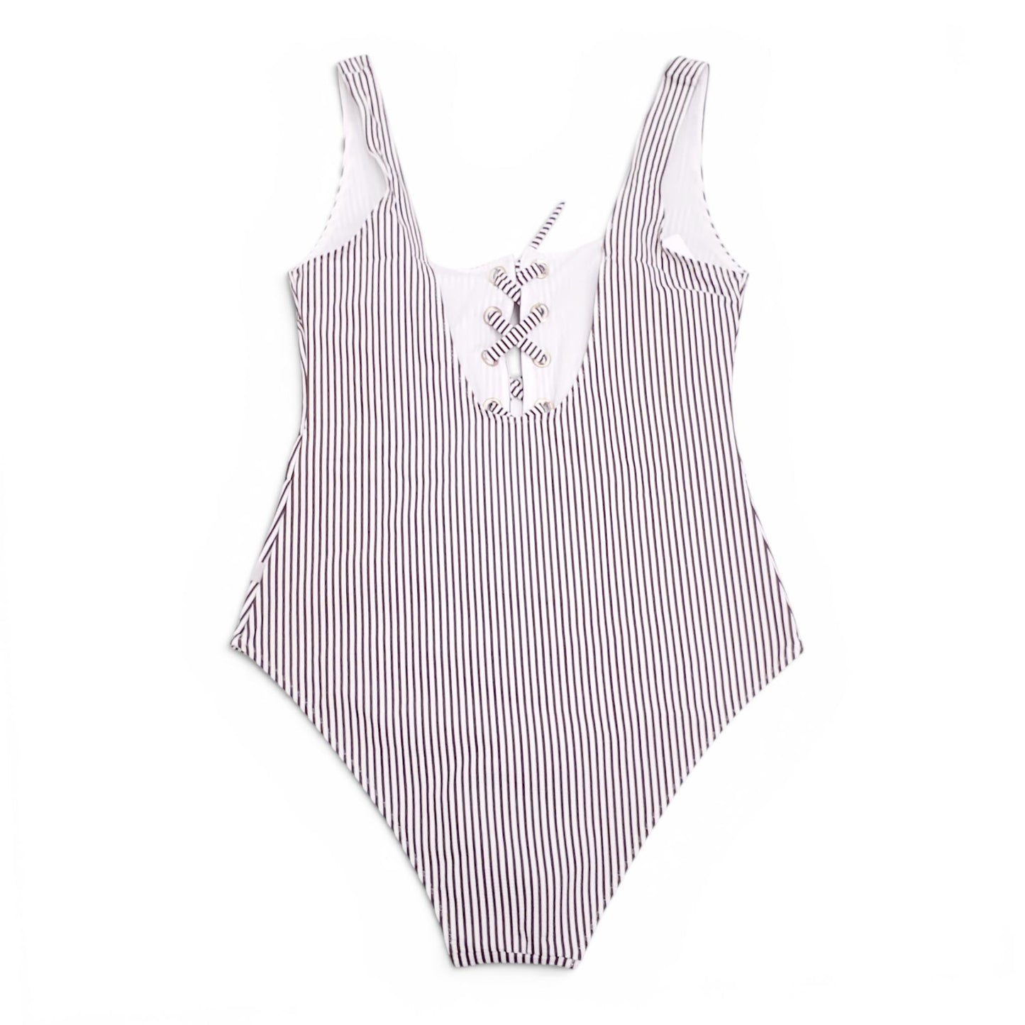 GANNI BROWN AND WHITE STRIPED ONE-PIECE SWIMSUIT WITH TIE DETAIL - SIZE 36