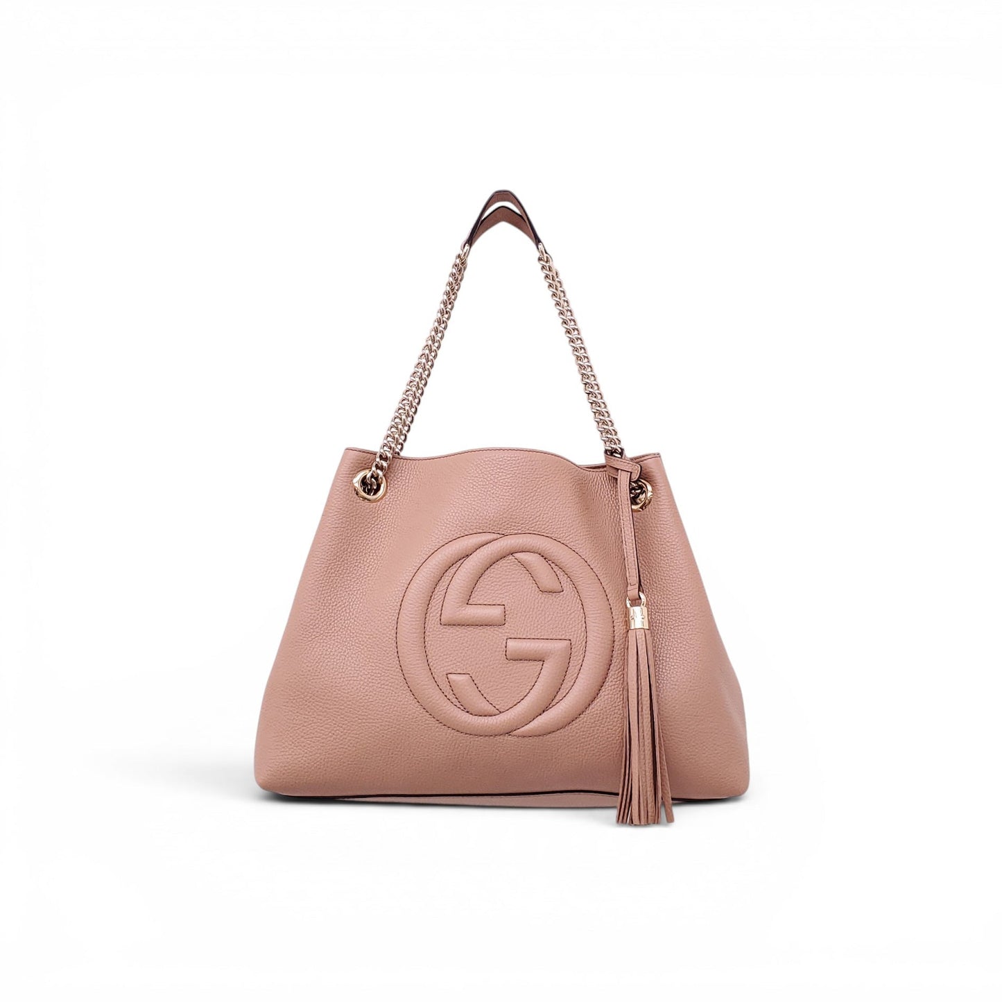 GUCCI BLUSH PINK MEDIUM SOHO TASSLE LOGO CHAIN BAG