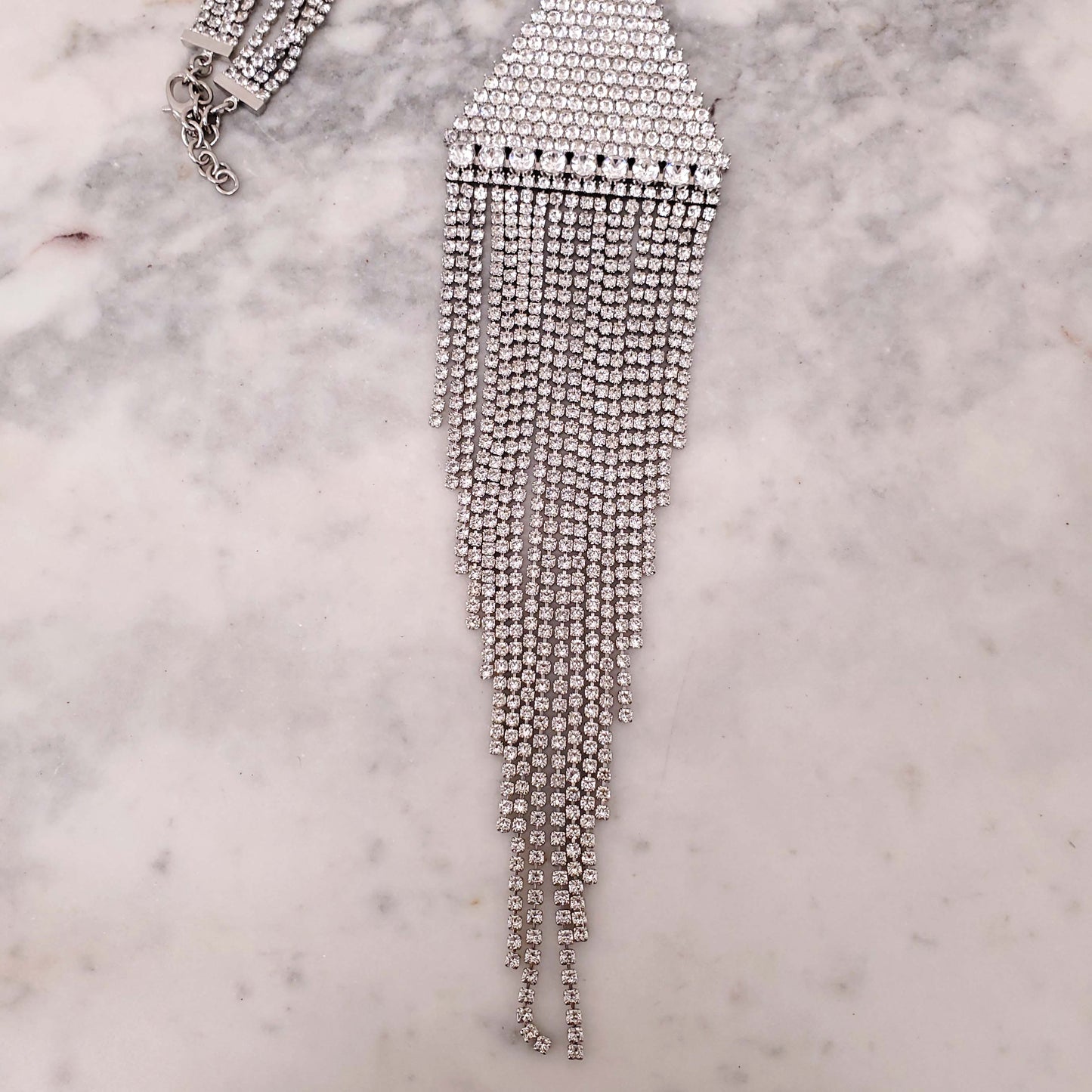 GUCCI CRYSTAL LOGO TRIANGLE FRINGE NECKLACE