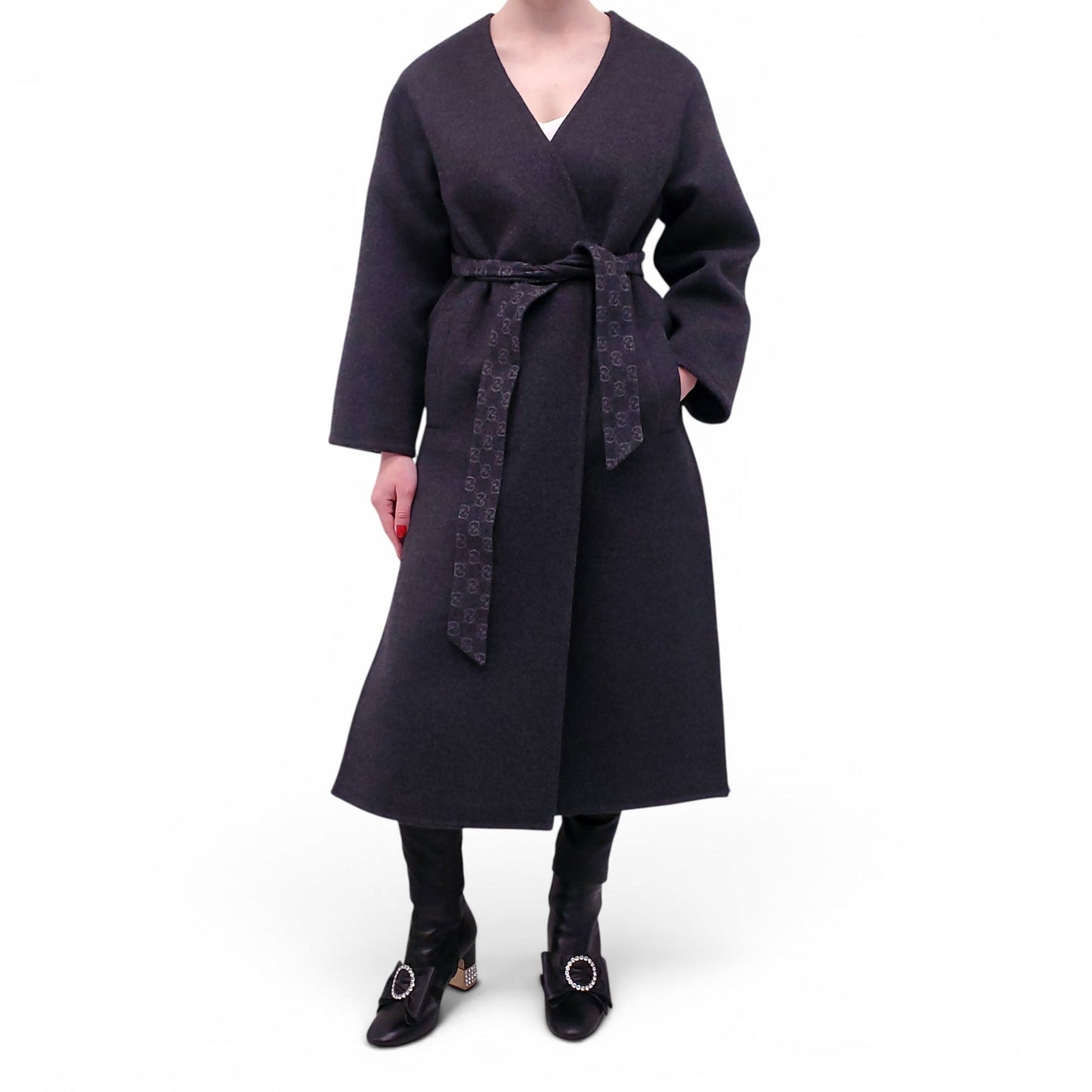 GUCCI GREY REVERSIBLE WOOL BLEND GG LOGO COAT WITH BELT - SIZE 36