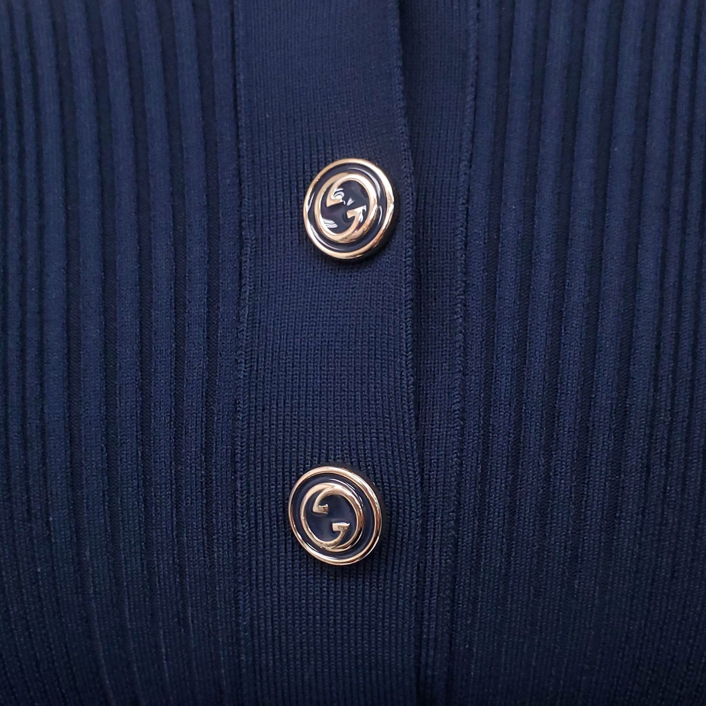 GUCCI NAVY STRIPED LONG SLEEVE POLO WITH LOGO BUTTONS - SIZE XS