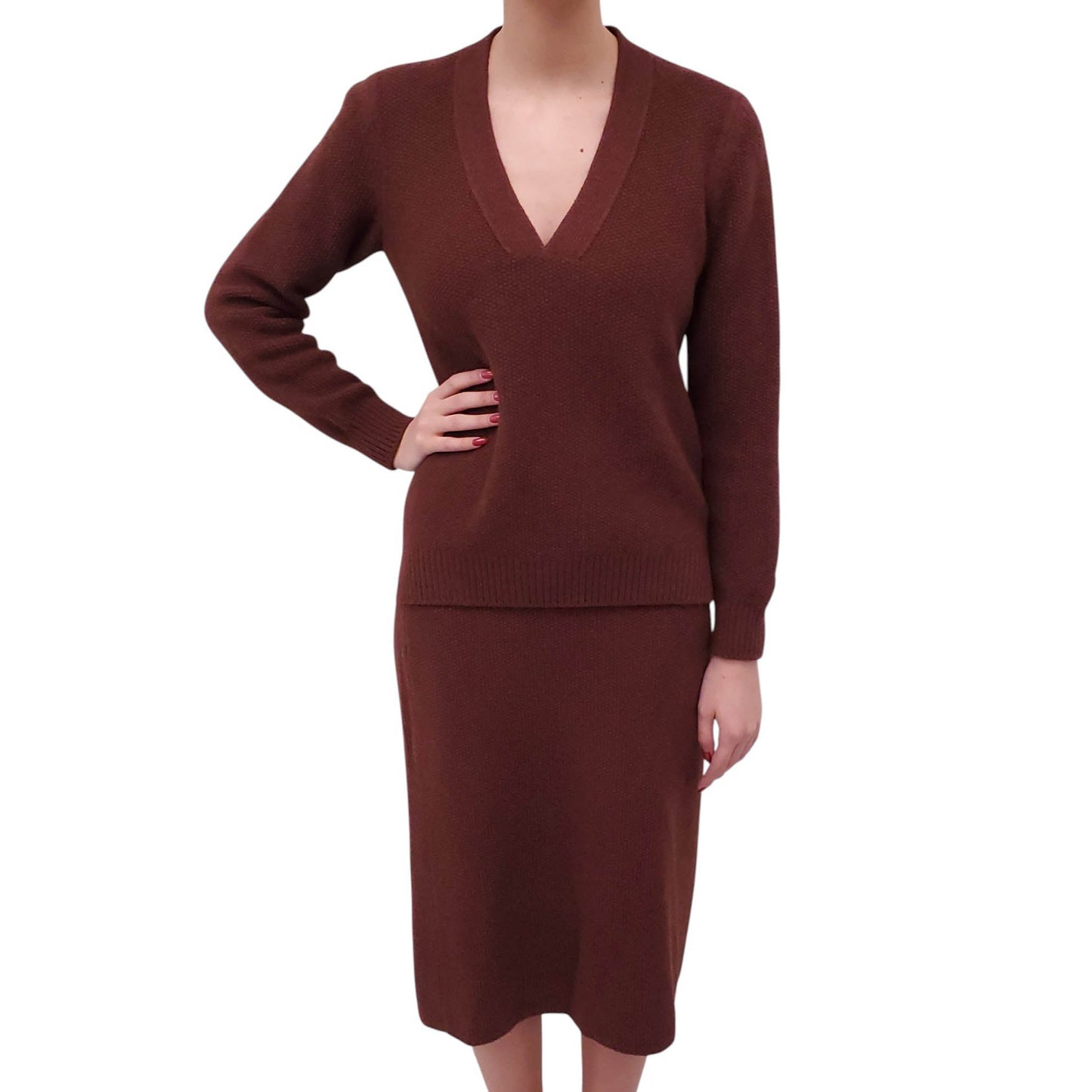 HERMÈS BURGUNDY KNIT SKIRT SET - SIZE 38
