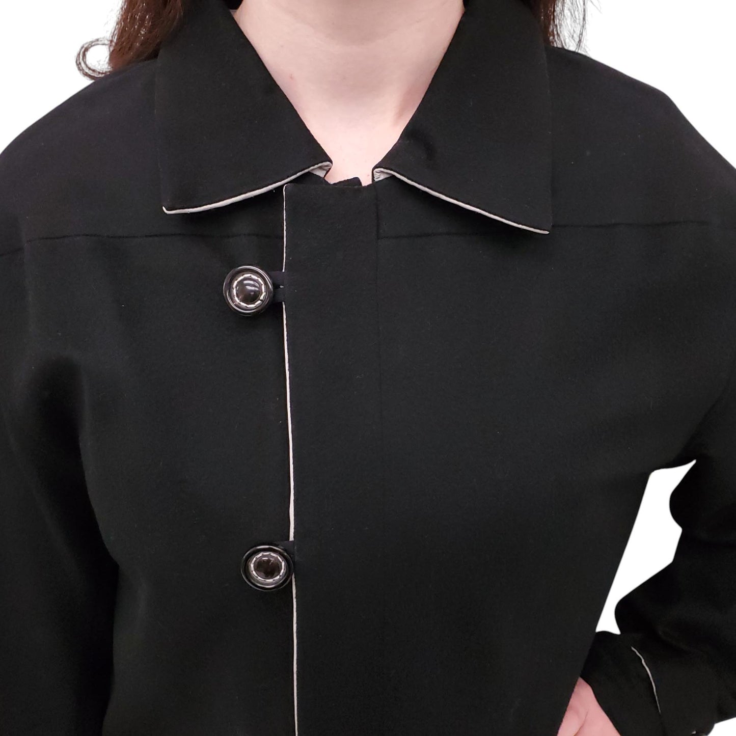HERMÈS UNISEX VINTAGE BLACK OVERSIZED WOOL COAT WITH LOGO BUTTONS AND REMOVABLE HOOD - SIZE XS