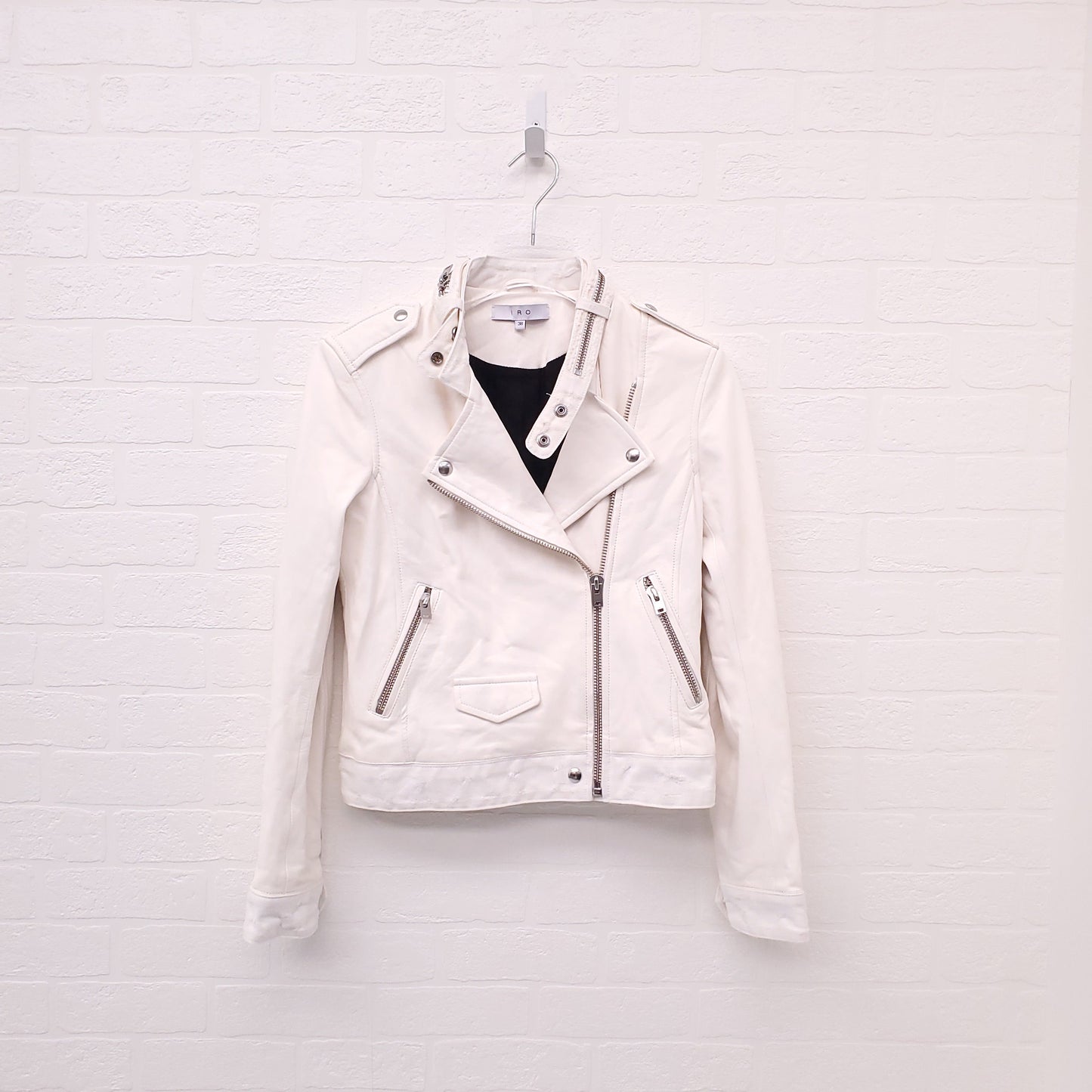 IRO CREAM LEATHER AND DENIM DISTRESSED MOTORCYCLE JACKET - SIZE 38