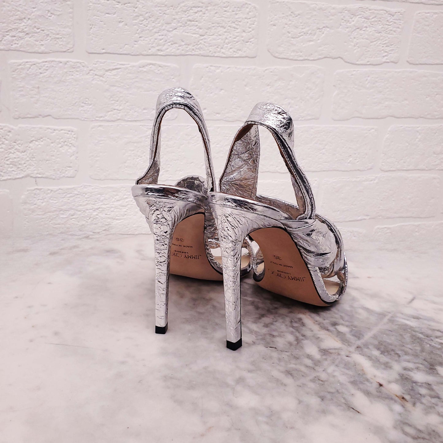 JIMMY CHOO LALIA 100 METALLIC FOIL TWISTED HEELS - SIZE 36