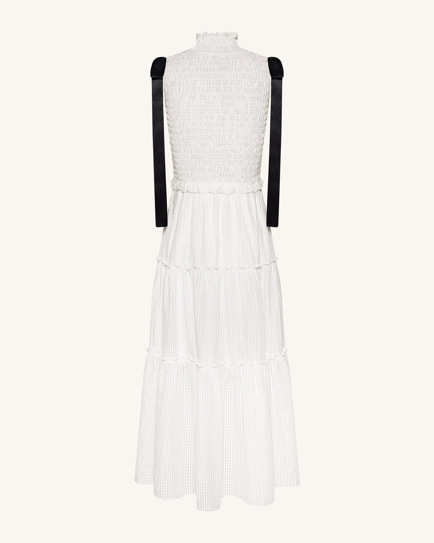 High-Neck Sleeveless Smocked Three-Tier Maxi Dress - White