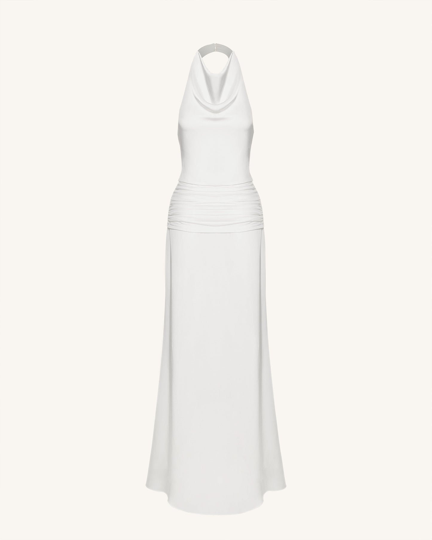 Satin Cowl Neck Ruched Maxi Gown - White