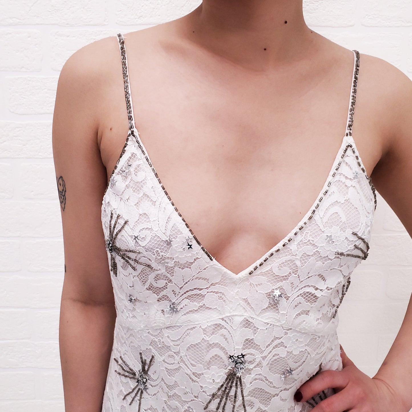 LOVESHACKFANCY WHITE LACE 'CELESTIA' MAXI DRESS WITH SEQUINS - SIZE 2