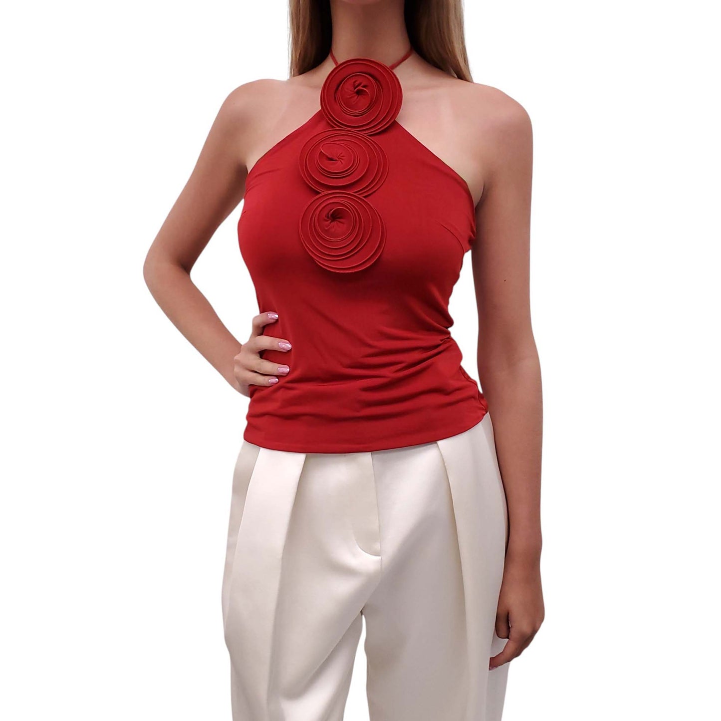 MAGDA BUTRYM RED ROSETTE HALTER TOP - SIZE 38