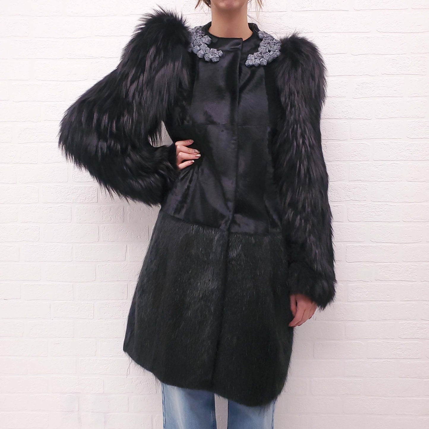 MARNI BLACK FUR JACKET WITH LEATHER STUDDED COLLAR - SIZE 44