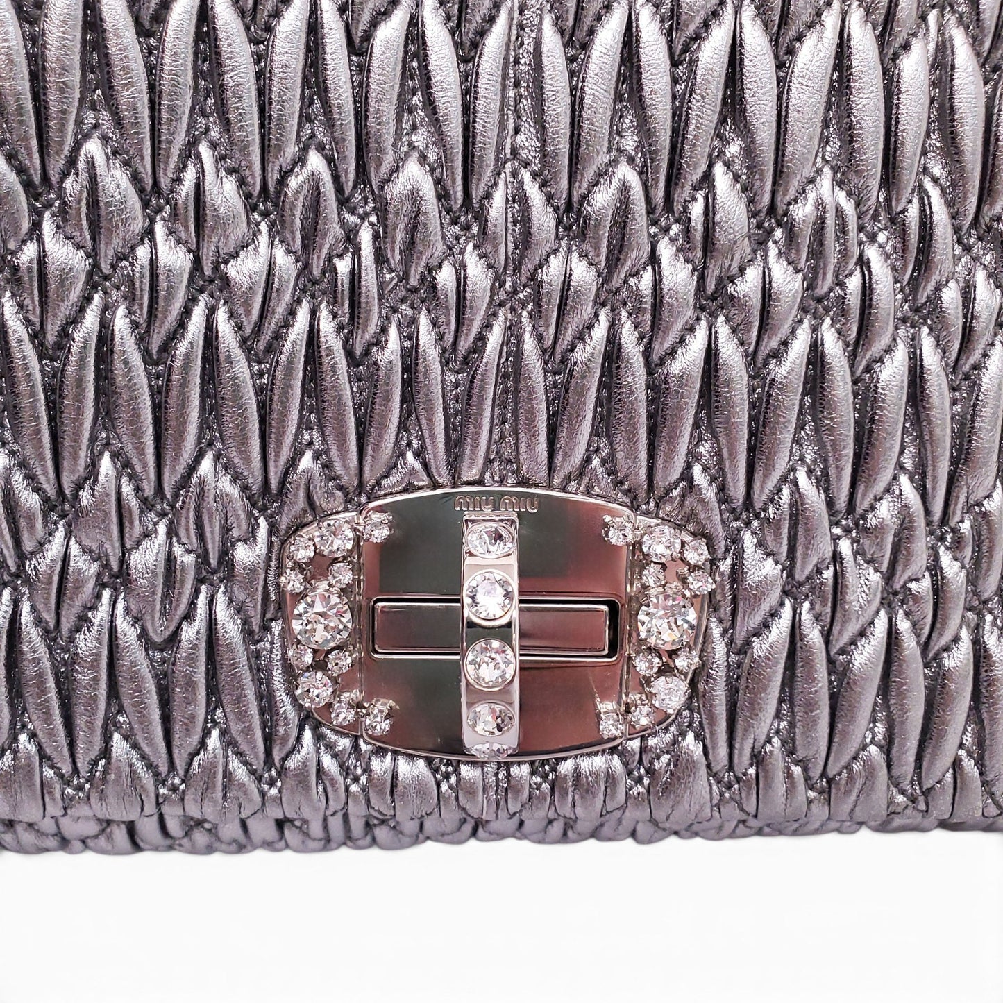 MIU MIU SILVER RUCHED BAG WITH CRYSTAL DETAIL