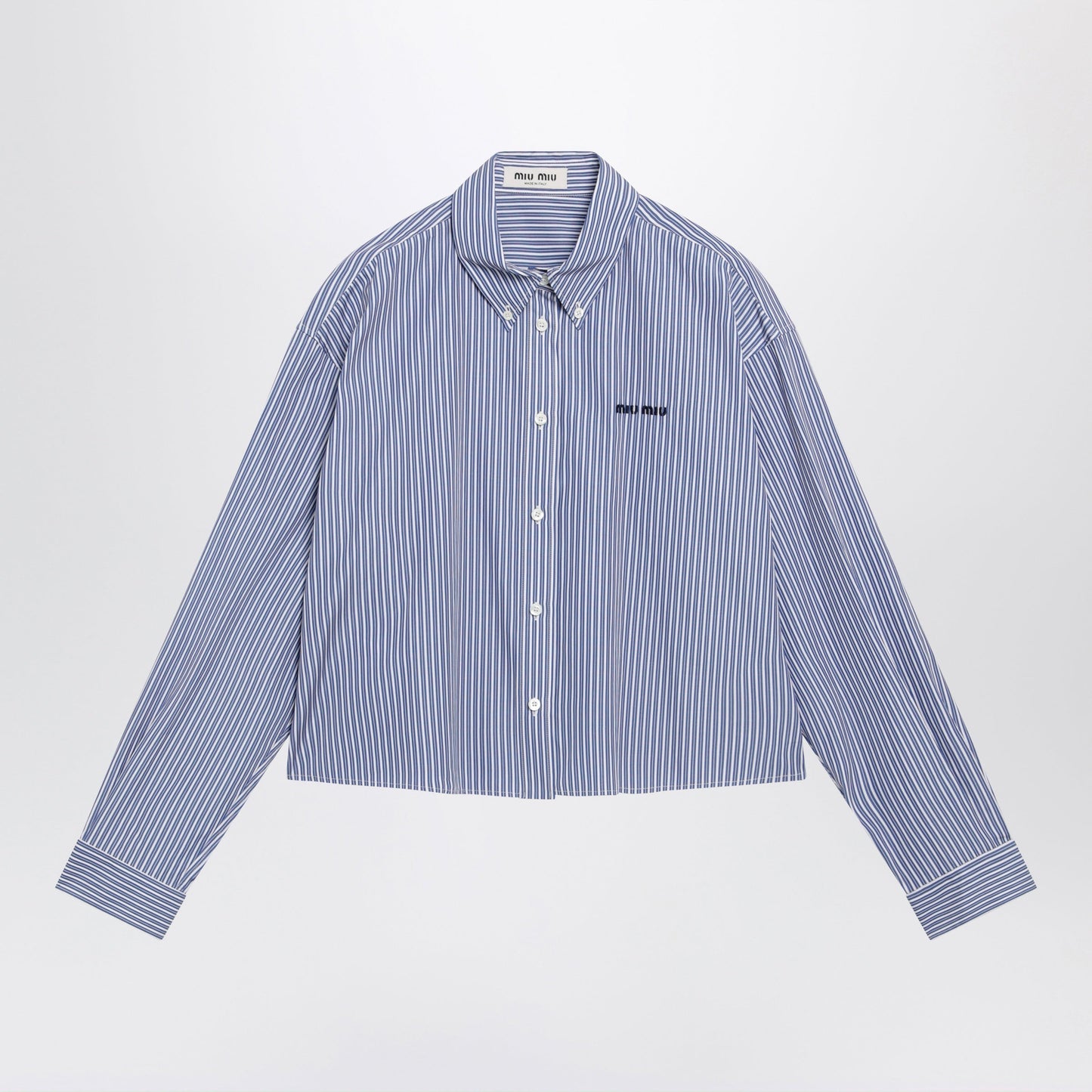 Miu Miu White/Cobalt Striped Cropped Shirt With Logo Embroidery Women