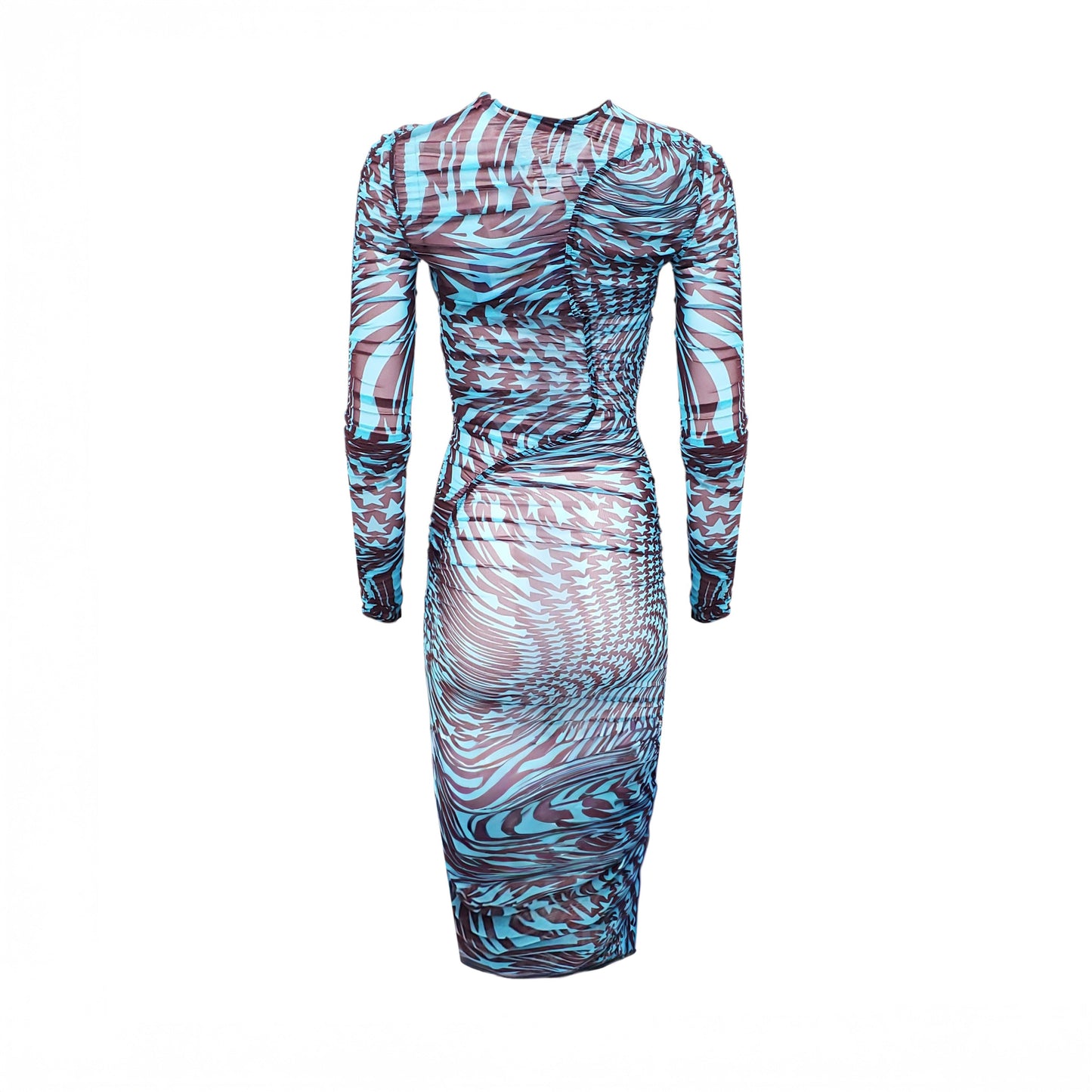 MUGLER BLUE STAR PATTERN RUCHED SHEER DRESS - SIZE 34