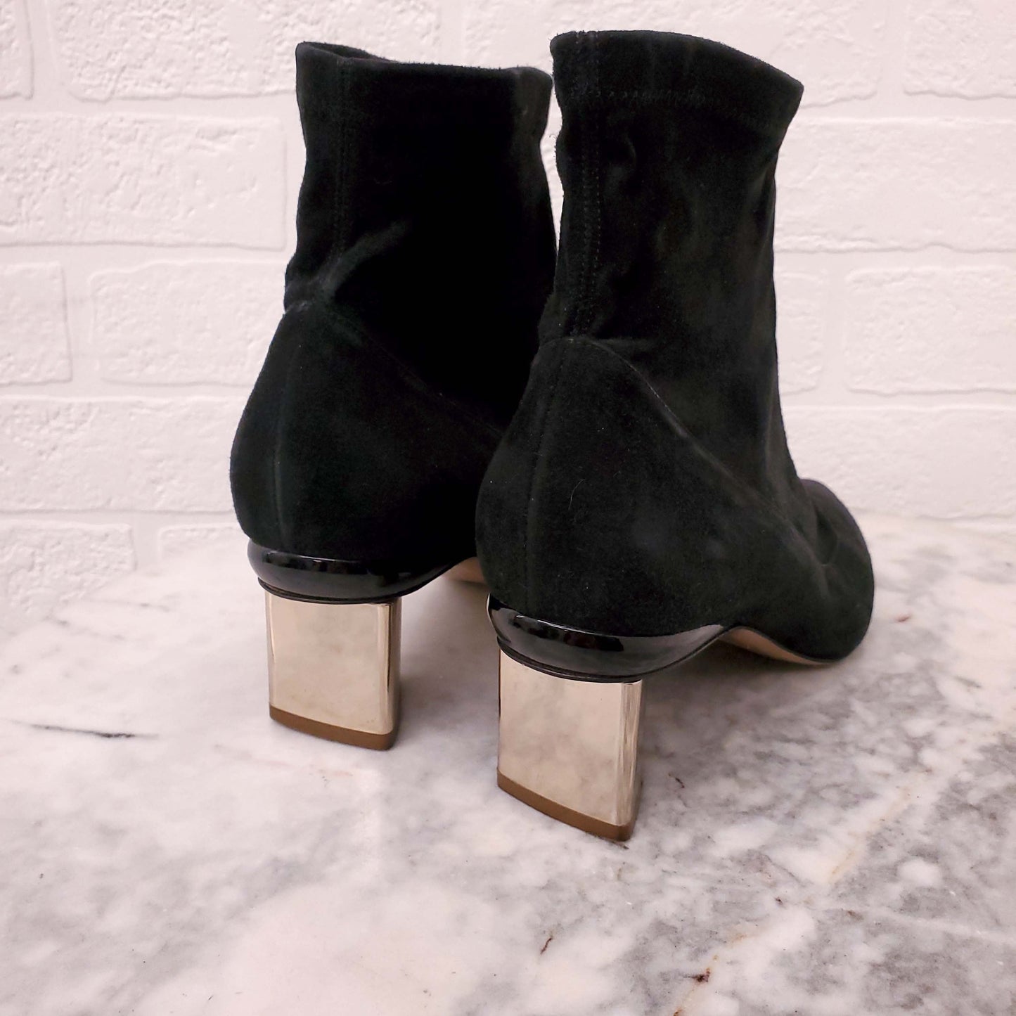 NICHOLAS KIRKWOOD BLACK SUEDE BOOTIES WITH METALLIC HEEL - SIZE 37.5