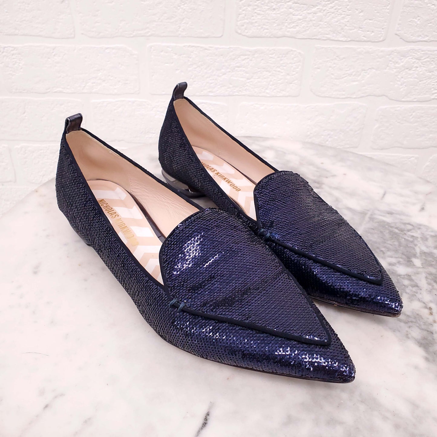 NICHOLAS KIRKWOOD NAVY SEQUIN FLATS - SIZE 39.5