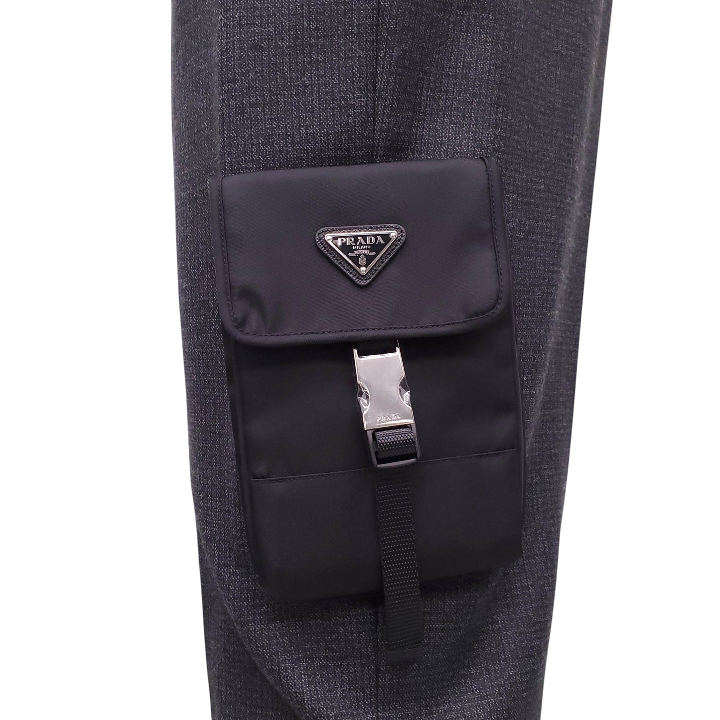 PRADA GREY CARGO PANTS WITH NYLON LOGO POCKETS - SIZE 42