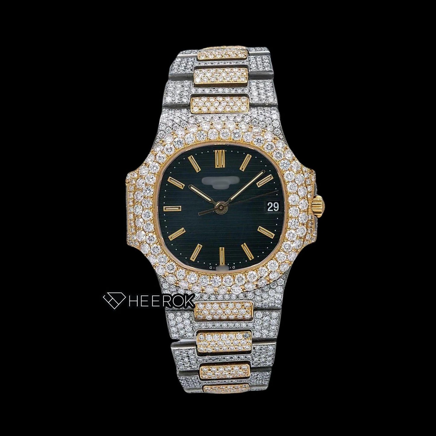 Patek Philippe Nautilus Black Dial Stick Markers Diamond Bezel Two Tone Yellow Gold Moissanite Diamond