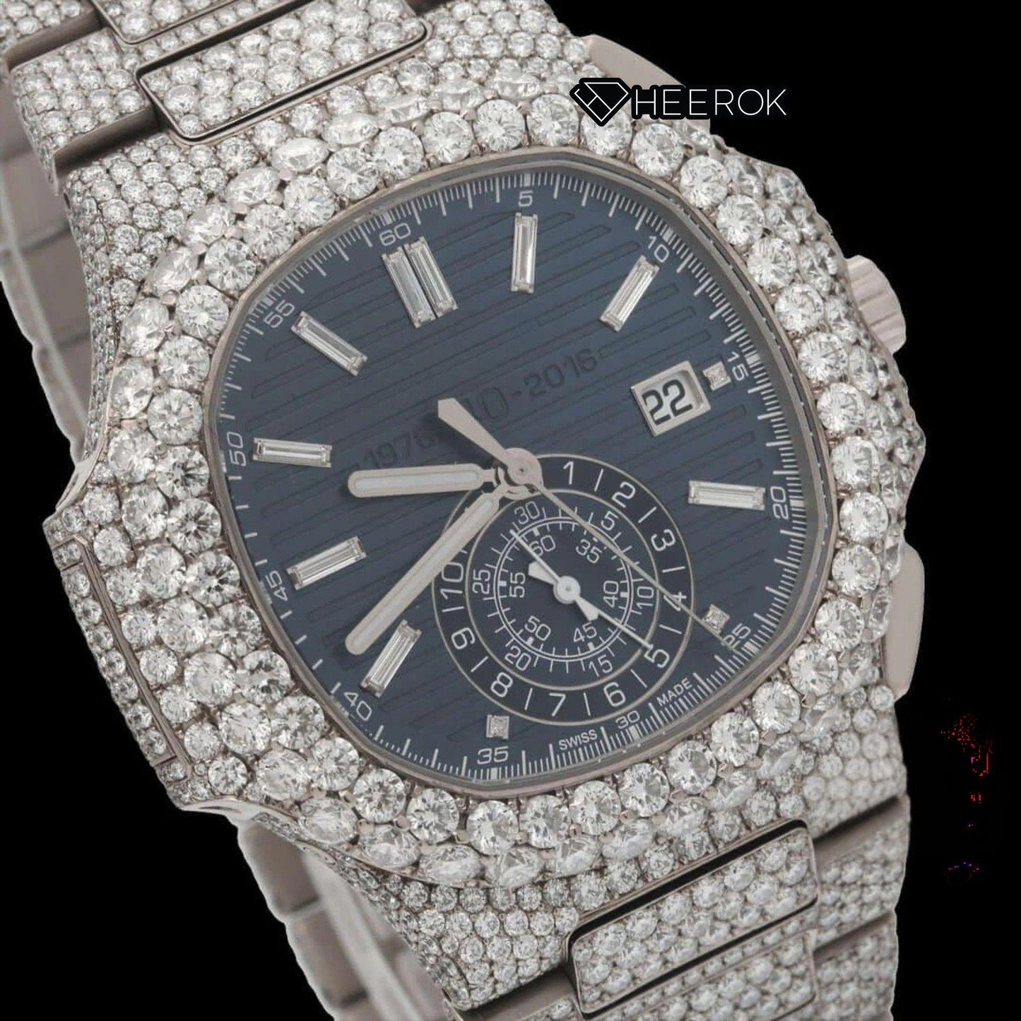 Patek Philippe Nautilus Blue Dial Chronograph Diamond Bezel Fully Iced Moissanite Diamond