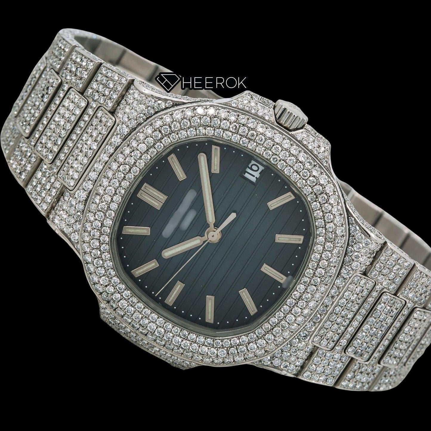 Patek Philippe Nautilus Blue Dial White Stick Markers Diamond Bezel Bust Down Moissanite Diamond