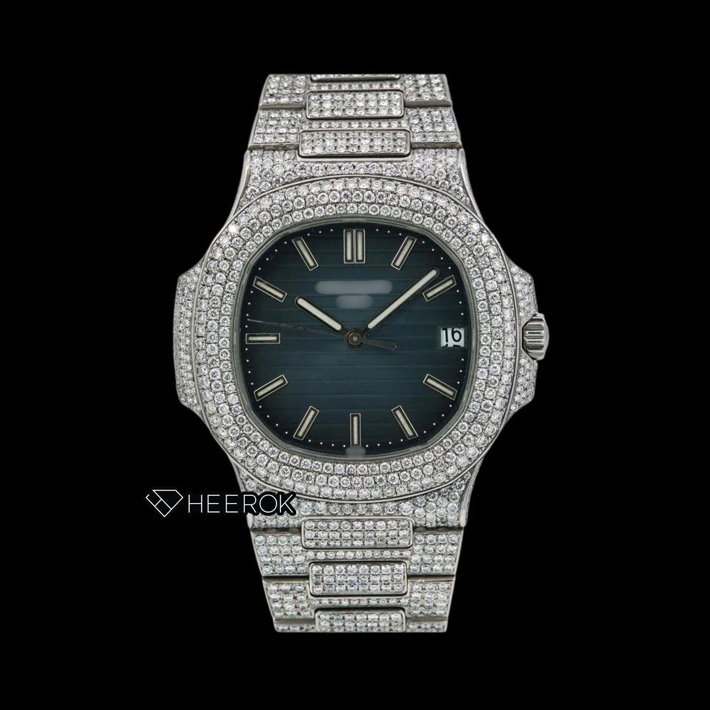 Patek Philippe Nautilus Blue Dial White Stick Markers Diamond Bezel Bust Down Moissanite Diamond