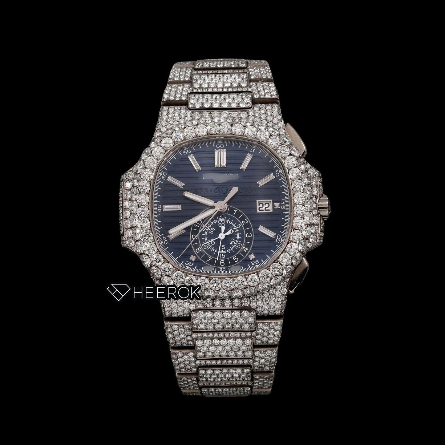 Patek Philippe Nautilus Chronograph Blue Dial Baguette Diamond Markers Diamond Bezel Fully Iced Moissanite Diamond