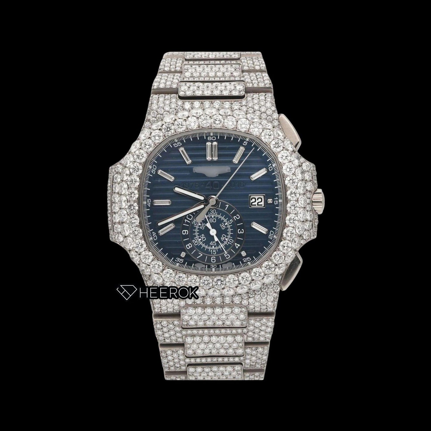 Patek Philippe Nautilus Chronograph Blue Dial Baguette Diamond Markers Diamond Bezel Fully Iced Moissanite Diamond
