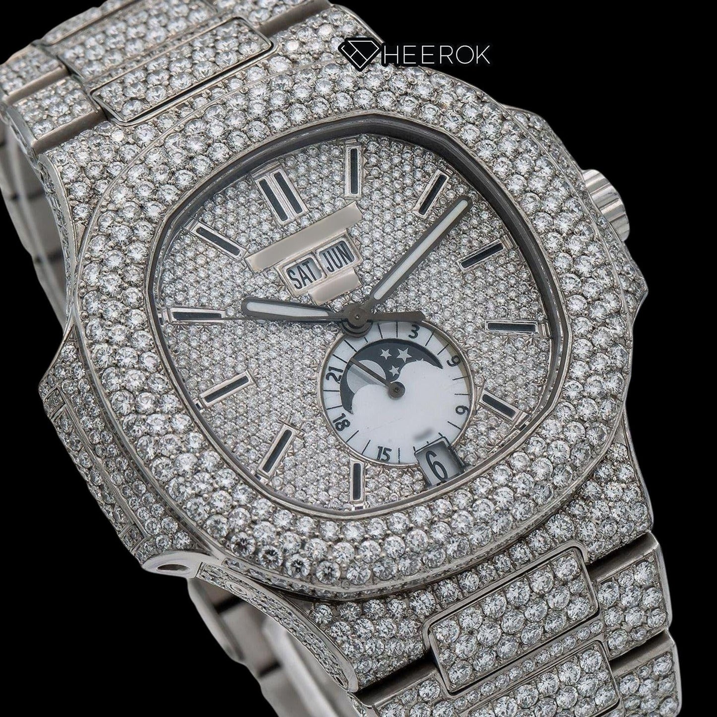 Patek Philippe Nautilus Full Pave Dial Black Stick Markers Diamond Bezel Fully Iced Moissanite Diamond