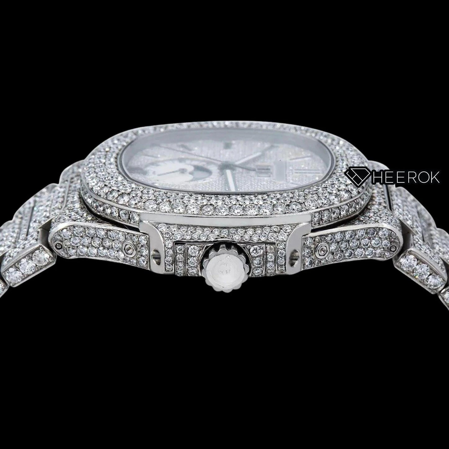 Patek Philippe Nautilus Full Pave Dial Black Stick Markers Diamond Bezel Fully Iced Moissanite Diamond