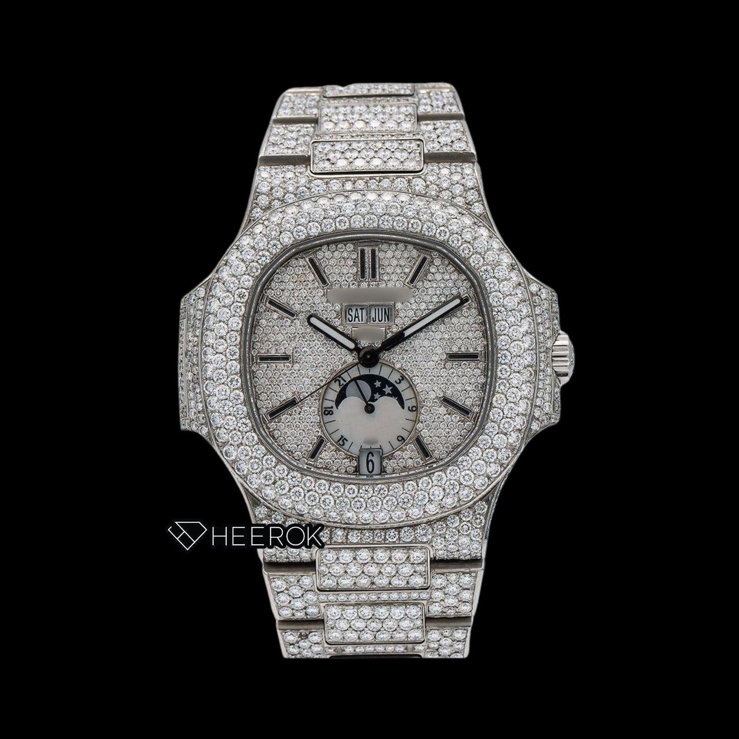 Patek Philippe Nautilus Full Pave Dial Black Stick Markers Diamond Bezel Fully Iced Moissanite Diamond