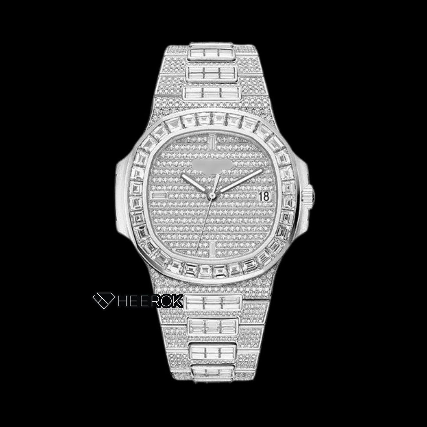 Patek Philippe Nautilus Full Pave White Dial Baguette Diamond Bezel Fully Iced Moissanite Diamond