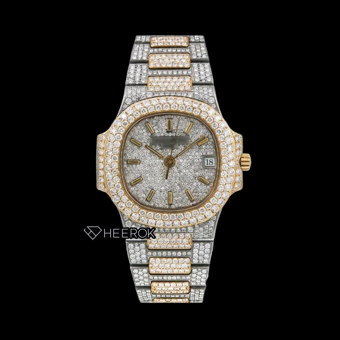 Patek Philippe Nautilus Full Pave White Dial Stick Markers Diamond Bezel Two Tone Yellow Gold Moissanite Diamond Watch
