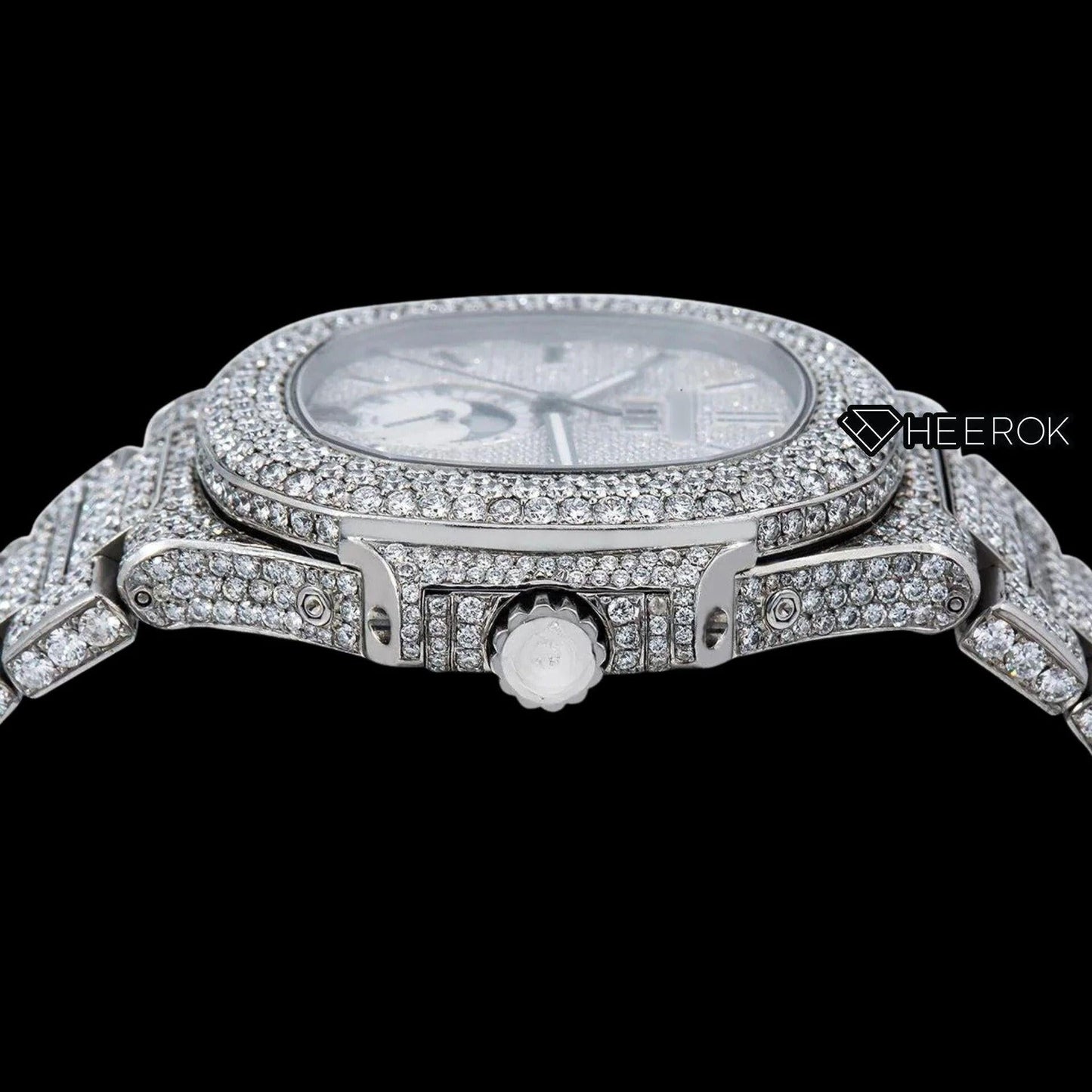 Patek Philippe Nautilus Moonphase White Dial Stick Markers Diamond Bezel Fully Iced Moissanite Diamond