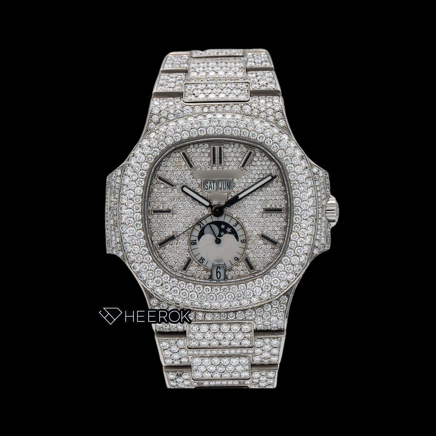 Patek Philippe Nautilus Moonphase White Dial Stick Markers Diamond Bezel Fully Iced Moissanite Diamond