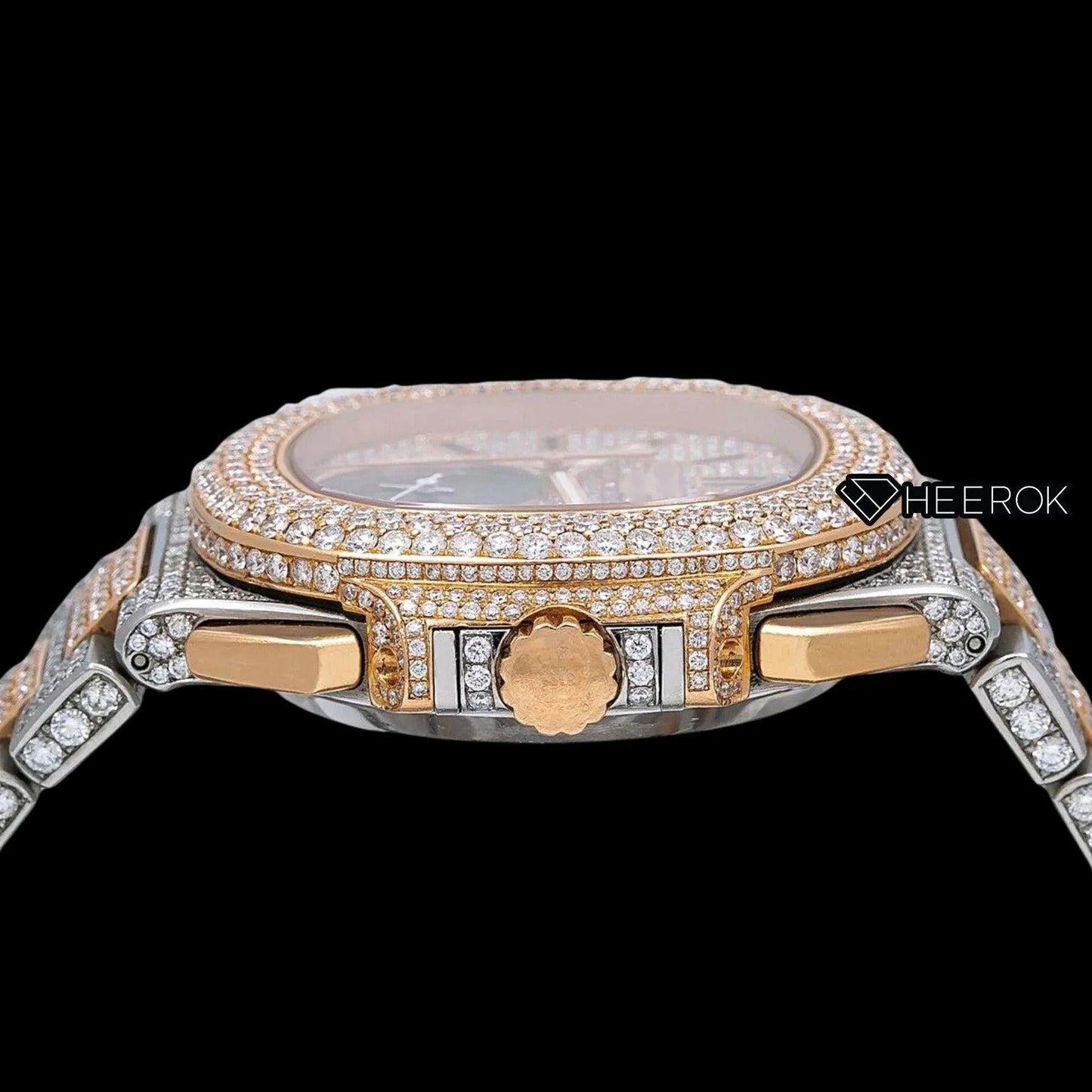 Patek Philippe Nautilus Rose Gold Dial Stick Markers Diamond Bezel Two Tone Rose Gold Moissanite Diamonds
