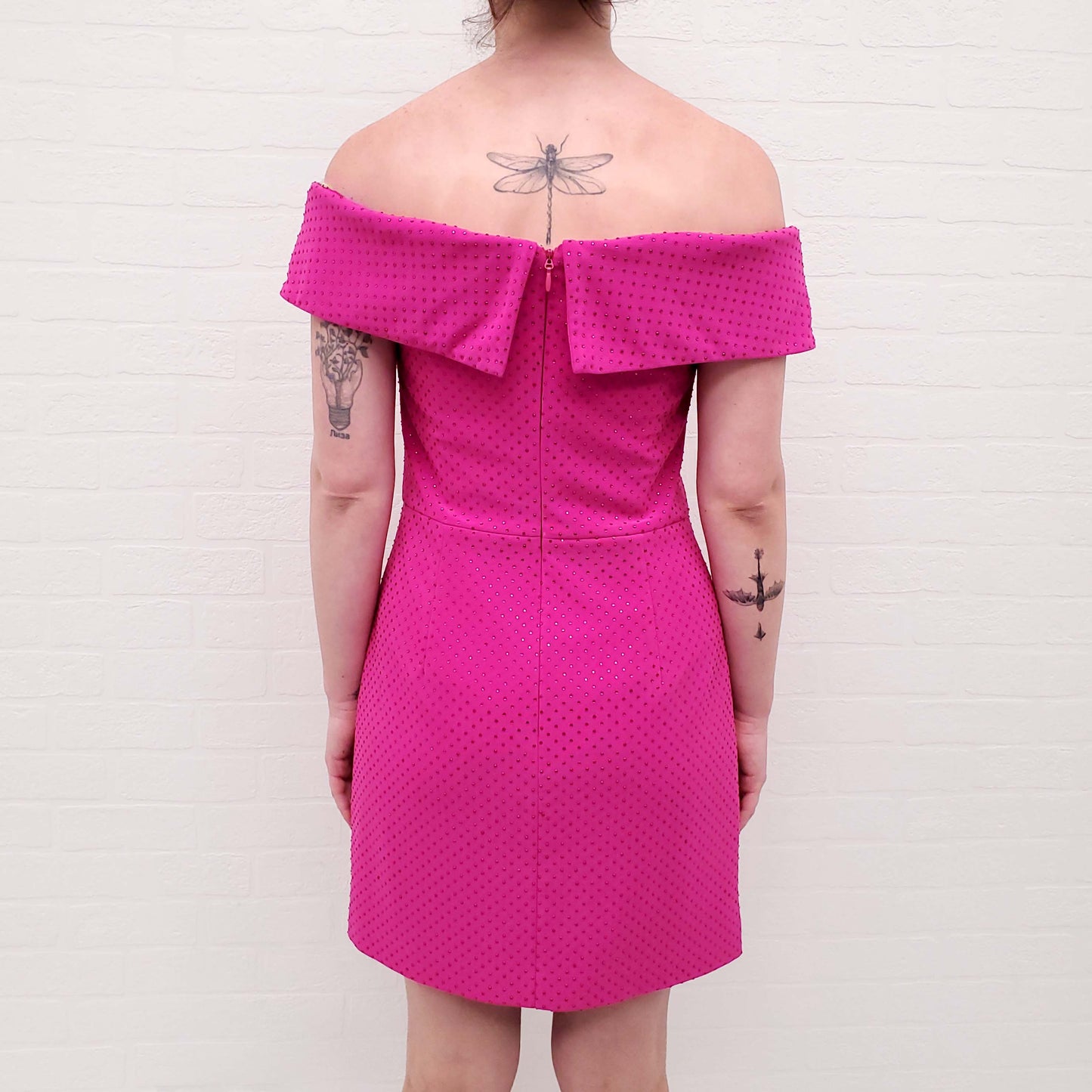 REBECCA VALLANCE HOT PINK RHINESTONE OFF THE SHOULDER MINI DRESS - SIZE 10 AU/6 US