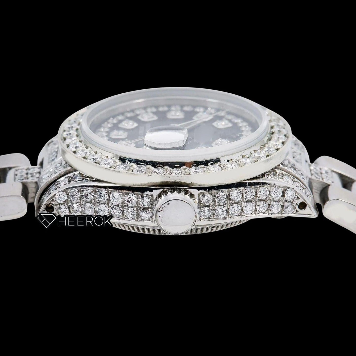 Rolex Datejust Black Dial Diamond Markers Diamond Bezel Semi Iced Moissanite Diamond Oyster Bracelet For Women