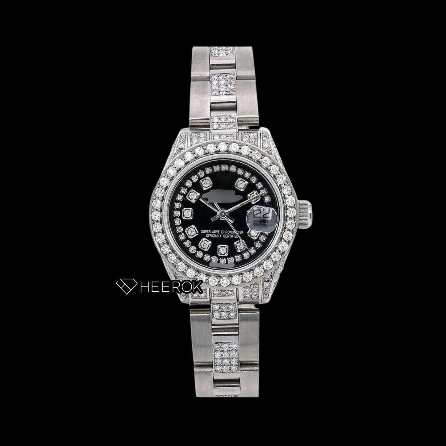 Rolex Datejust Black Dial Diamond Markers Diamond Bezel Semi Iced Moissanite Diamond Oyster Bracelet For Women