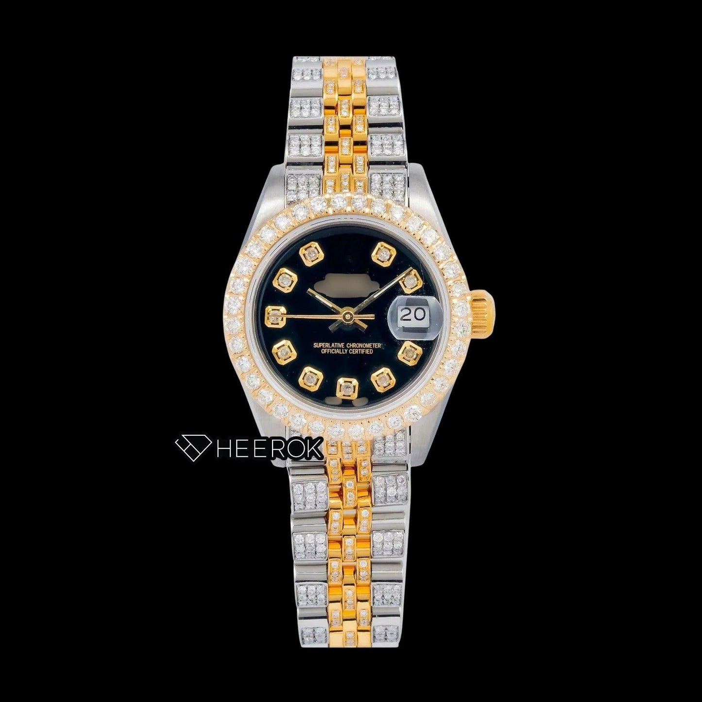 Rolex Datejust Black Dial Diamond Markers Diamond Bezel Two Tone Yellow Gold Fully Iced Moissanite Diamond Jubilee Bracelet For Women