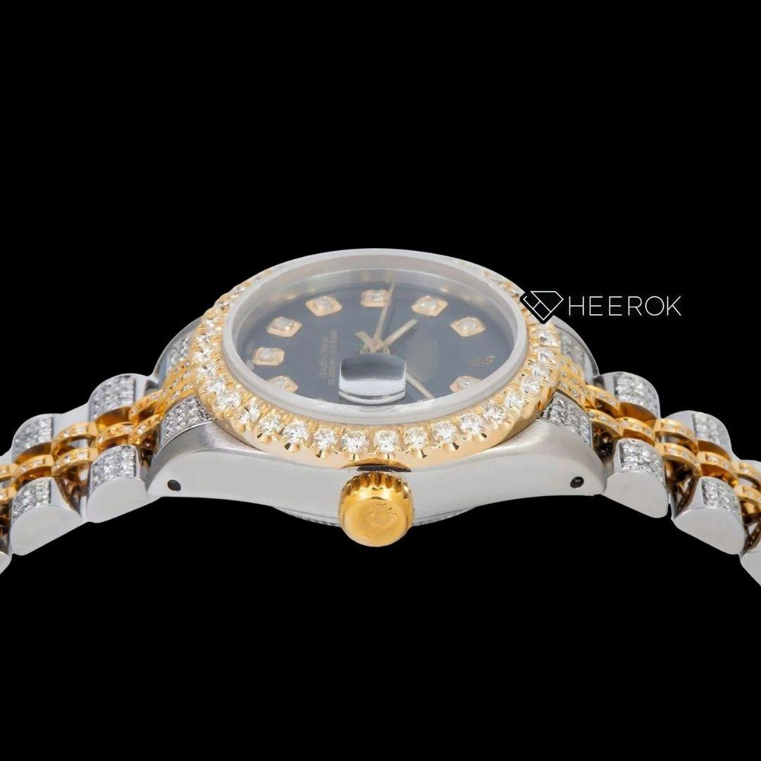 Rolex Datejust Black Dial Diamond Markers Large Diamond Bezel Two Tone Yellow Gold Moissanite Diamond Jubilee Bracelet For Women