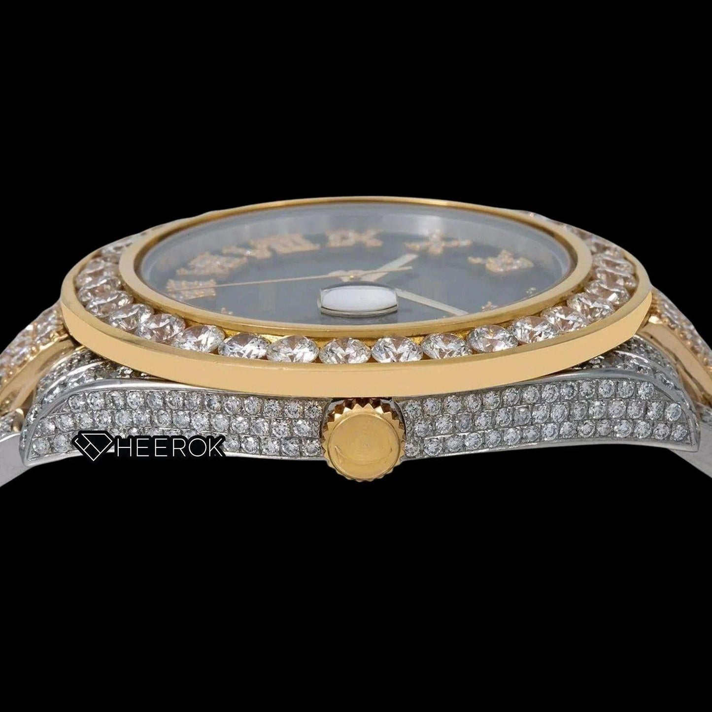 Rolex Datejust Black Dial Roman Diamond Numerals Diamond Bezel Two Tone Yellow Gold Fully Iced Moissanite Diamond Oyster Bracelet