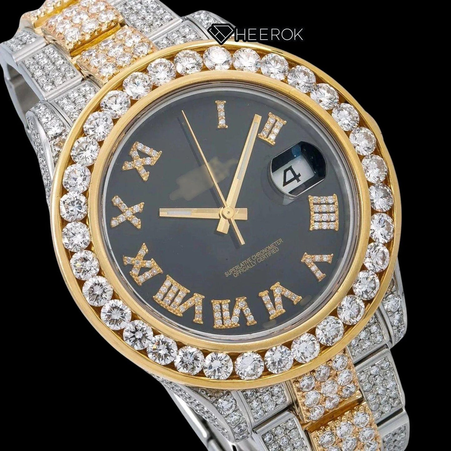 Rolex Datejust Black Dial Roman Diamond Numerals Diamond Bezel Two Tone Yellow Gold Fully Iced Moissanite Diamond Oyster Bracelet