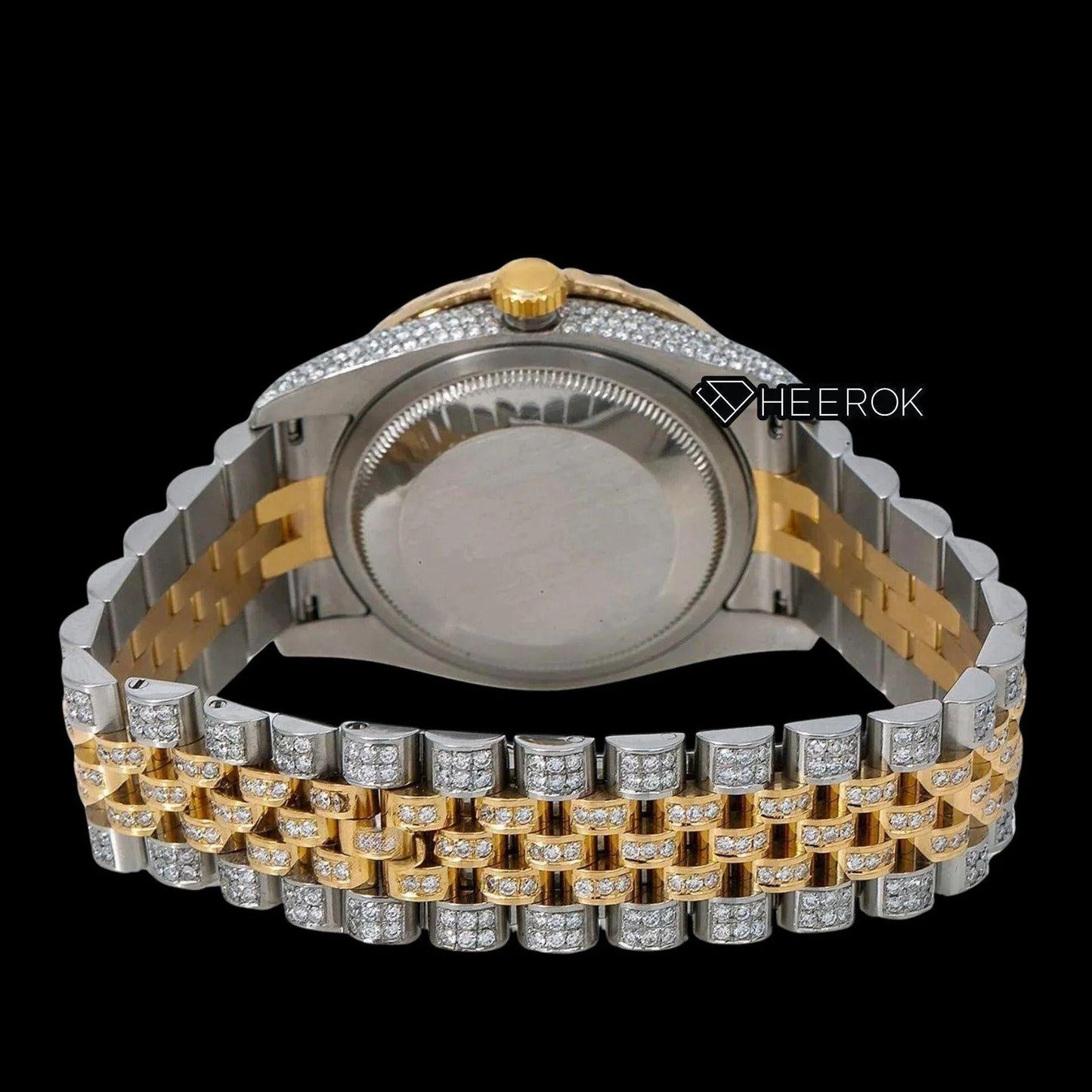Rolex Datejust Black Dial Roman Diamond Numerals Diamond Bezel Two Tone Yellow Gold Iced Out Moissanite Diamond Jubilee Bracelet For Women